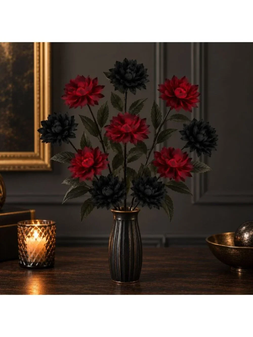 Black Red Artificial Mum Dahlia Style Bouquet, Gothic Wedding Bouquet, Alternati